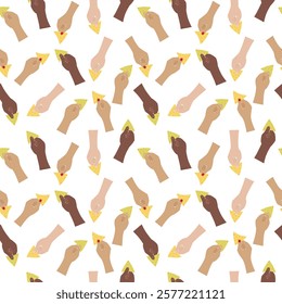 Mens and Womens Hands different nationalities hold spinach and corn nachos Abstract Seamless Pattern