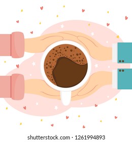 Men's and women's hands hold coffee cup on pink background with hearts and stars, illustration.