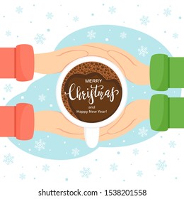 Men's and women's hands hold coffee cup with lettering Merry Christmas and snowflakes on white background. Illustration can be used for family holiday design, cards, invitations and banners.