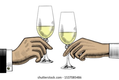 Men's and women's hands holding glasses of champagne. Wedding, ceremony, marriage. Vintage engraving stylized drawing. Vector illustration