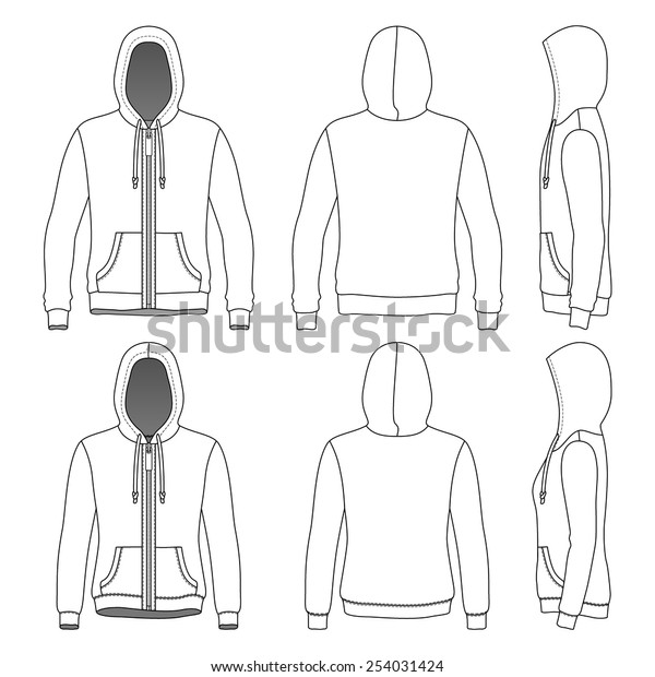 正面 背面 側面にジッパーと男性用と女性用のフード ベクターイラスト 白い背景に 空の衣類テンプレート ファッションセット のベクター画像素材 ロイヤリティフリー