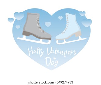 Men's and women's ice skates, turned to each other on a background of blue hearts and the letters "Valentine's Day". Winter active games, color vector, isolated.