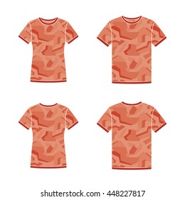 Mens and womens red short sleeve t-shirts templates with the camouflage pattern. Front and back views. Vector flat illustrations