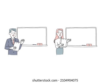 Men's and women's set of businessmen showing a whiteboard by hand, a warm hand-painted person, a vector on a white background