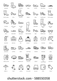 Men's and women's shoes & accessories. Vector line icon set. Various styles of footwear. Heels, boots, sneakers, sandals, flats.  Bag, glove, sunglasses, umbrella, hat, scarf, sock. Shoe care product