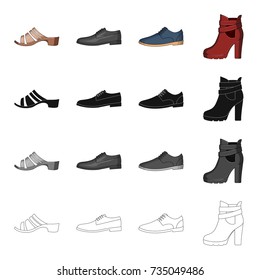 Men's and women's shoes. Different types of shoes set collection icons in cartoon black monochrome outline style vector symbol stock isometric illustration web.
