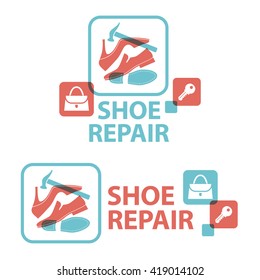 Men's and women's shoes, handbag, key. Shoe repair. Signboard, vector illustration.