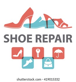 Men's and women's shoes, handbag, key, umbrella. Shoe repair. Signboard, vector illustration.