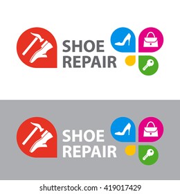 Men's and women's shoes, handbag, key. Shoe repair. Signboard, vector illustration.