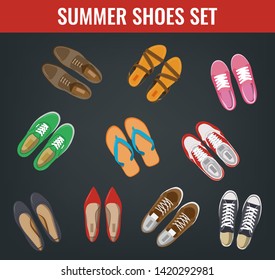 Men's and Women's shoes top view. Shoes icons. Sneakers and Slippers collection. Vector illustration