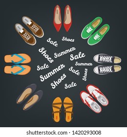 Men's and Women's shoes top view. Shoes icons. Sneakers and Slippers collection. Vector illustration