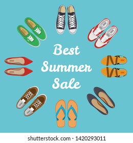 Men's and Women's shoes top view. Shoes icons. Sneakers and Slippers collection. Vector illustration