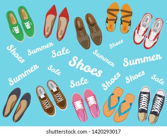 Men's and Women's shoes top view. Shoes icons. Sneakers and Slippers collection. Vector illustration