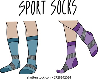 Men's and women's sport socks on foots