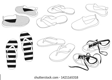 Men's and women's summer shoes vector outline icons set isolated on a white background.