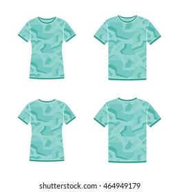 Mens and womens turquoise short sleeve t-shirts templates with the camouflage pattern. Front and back views. Vector flat illustrations