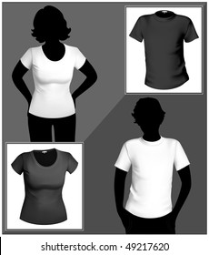 Men's and women's white and black t-shirt template with human body silhouette.