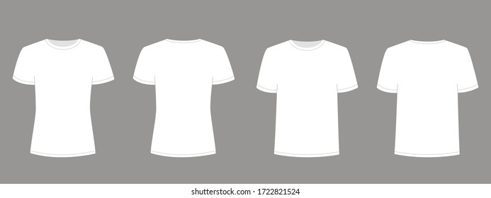 Camiseta blanca para hombres y mujeres con manga corta. La camiseta se burla de la vista frontal y trasera. Ilustración de plantilla de vector