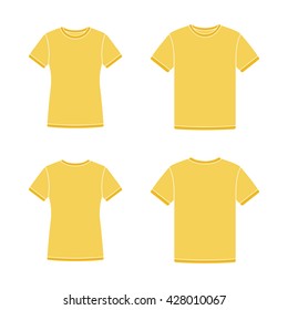 Mens and womens yellow short sleeve t-shirts templates. Front and back views. Vector flat illustrations