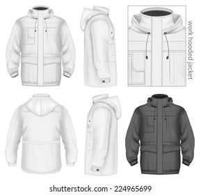 Men's work hooded jacket (front, back and side views). Vector illustration contains gradient mesh.