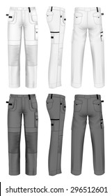 Men's working trousers design template (front, back and side views).  vector illustration 