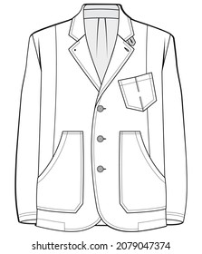 Mens Workwear Jacket Three Button Coat Flat Sketch Vector Illustration