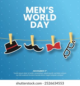 Fondo del día mundial de los hombres con las cosas de los hombres que cuelgan en el tendedero