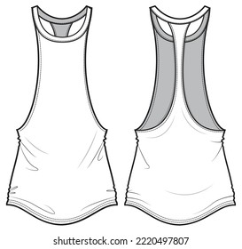 Men's Y Back Stringer Tank Top, Gym Muscle Tank Top, Dropped Armhole Tank Top Front and Back View. Fashion Illustration, Vector, CAD, Technical Drawing, Flat Drawing, Template, Mockup.	