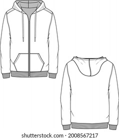 Mens Zipper Hoodie Sweatshirt Flat Sketches technical drawing template design vector