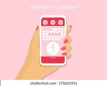 Menstrual calendar. Application for a phone with a female calendar. A hand holds a phone.