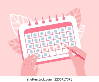 Menstrual calendar and control and pregnancy planning. Flat vector illustration. Female hands mark the day of menstruation isolated on pink background. top view