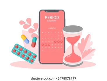 Menstrual calendar cycle tracker mobile app on smartphone screen, Period ovulation days tracker, Pregnancy planning, Check menses, Technology for women's health, Vector illustration.