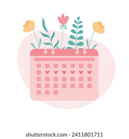 Calendario menstrual con fondo floral. Control del ciclo menstrual de la mujer. Vector