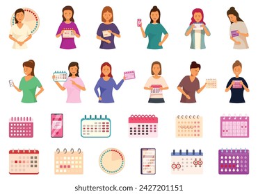 Iconos de calendario menstrual conjunto de dibujos animados vector. Sufrimiento de ciclo femenino. Dolor abdominal