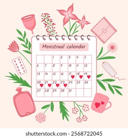 Menstrual calendar illustration with feminine hygiene items and floral elements