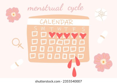 Menstrual calendar for menstruation control and pregnancy planning, period schedule with marked days for woman and girl, women cycle and PMS tracker.