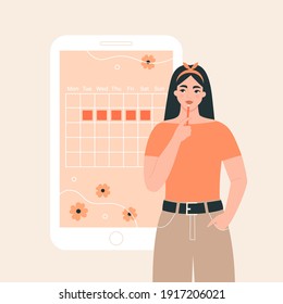 Menstrual calendar, menstruation cycle, pregnancy and ovulation control concept. Woman marks menses days in the online calendar on her phone. App for tracking periods, pms. Flat vector illustration