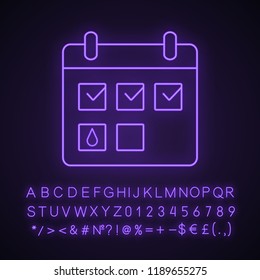 Menstrual calendar neon light icon. Period tracker. Pregnancy, ovulation calculator and calendar. Glowing sign with alphabet, numbers and symbols. Vector isolated illustration