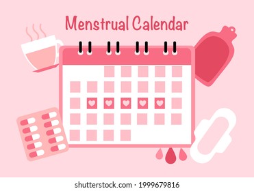 Menstrual calendar with sanitary napkin, medicine, tea drink and hot water bag in flat design. Menstrual period.