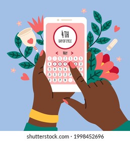 Menstrual calendar. Smartphone application with female cycle calendar, hands holding mobile phone, women period schedule. Girls health care app control menstruation, vector cartoon concept