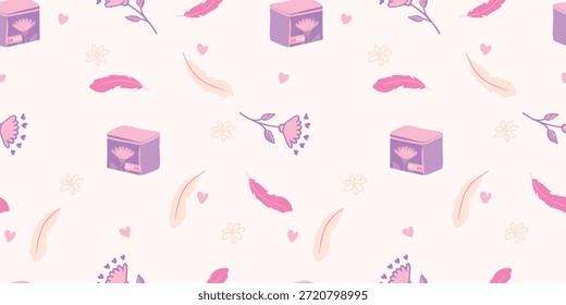 Patrón sin fisuras del cuidado menstrual con los tampones y las plumas, Ilustración vectorial femenina de la salud