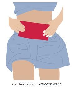 compressa menstrual. calefação. Mulher lidando com menstruação dolorosa