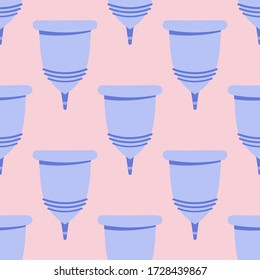 El calambre menstrual en el periodo, patrón ininterrumpido, usa taza menstrual dentro de la vagina. Desperdicio cero dispositivo femenino. El periodo de las mujeres menstruantes. Higiene personal.