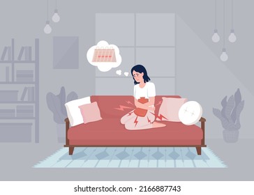 Menstrual cramp treatment flat color vector illustration. Ill-looking young woman applying hot water bottle to abdomen. Fully editable 2D simple cartoon character with cozy interior on background