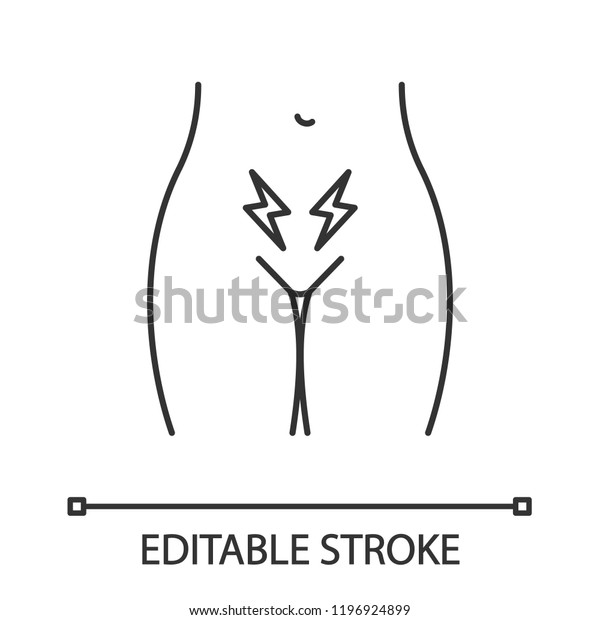 月経痛と痛みの線形アイコン 下腹部の女性の鋭い痛み 奇怪 不妊症 子宮と卵巣の障害 等高線記号 ベクター画像のアウトラインイラスト 編集可能なストローク のベクター画像素材 ロイヤリティフリー