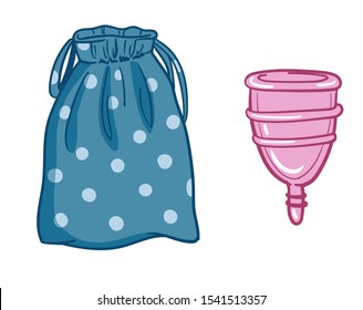 Menstrual Cup with bag.  Zero waste supplies for  feminine personal hygiene.  Plastic-free concept. Hand drawn sketch vector Illustration on white background for, medicine, menstruation, critical days