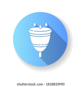Menstrual cup blue flat design long shadow glyph icon. Zero waste lifestyle, menstruation. Feminine accesory, female hygiene. Small silicone cup for woman period silhouette RGB color illustration