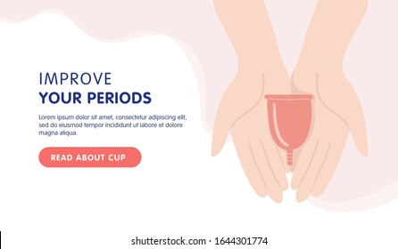 Menstrual cup concept banner landing page design. Menstrual cup in female hands. Improve you period concept. Vector flat cartoon illustration