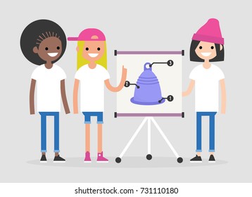 Menstrual cup, conceptual illustration. A group of ladies presenting the scheme of using the menstrual cup. Educational presentation of a hygienic product. Flat editable vector illustration, clip art