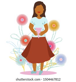 A menstrual cup flat cartoon vector illustration. Feminine hygiene concept. Women health. Menstrual cups, sanitary pads, tampons and cartoon style girl isolated on background.